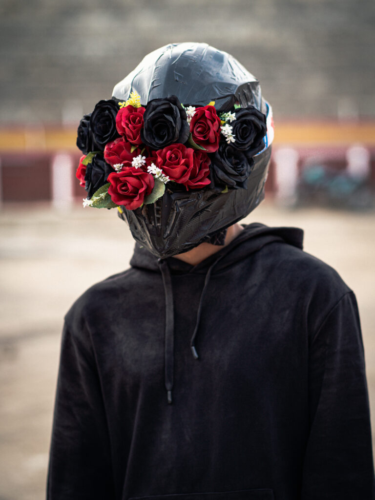 flowers in a helmet for a music video Mallorca filming 